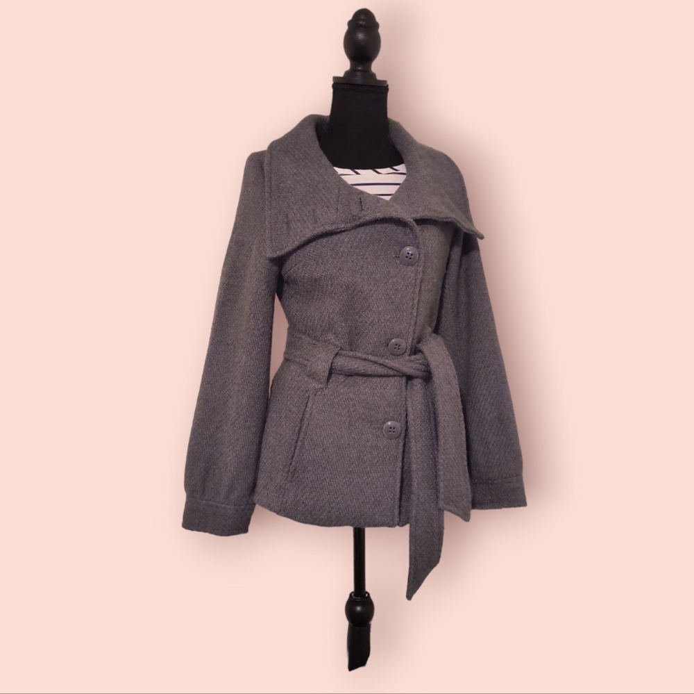 H&M Blazer Jacket Wool-Blend Asymmetric Belted PeaCoat in  Charcoal Size 6